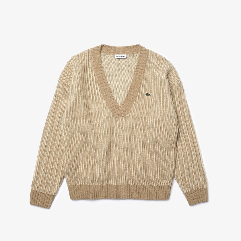 Suéteres Lacoste Feminino Bege Two-Tone Low V-Neck Ribbed Wool BZ6-29512S9