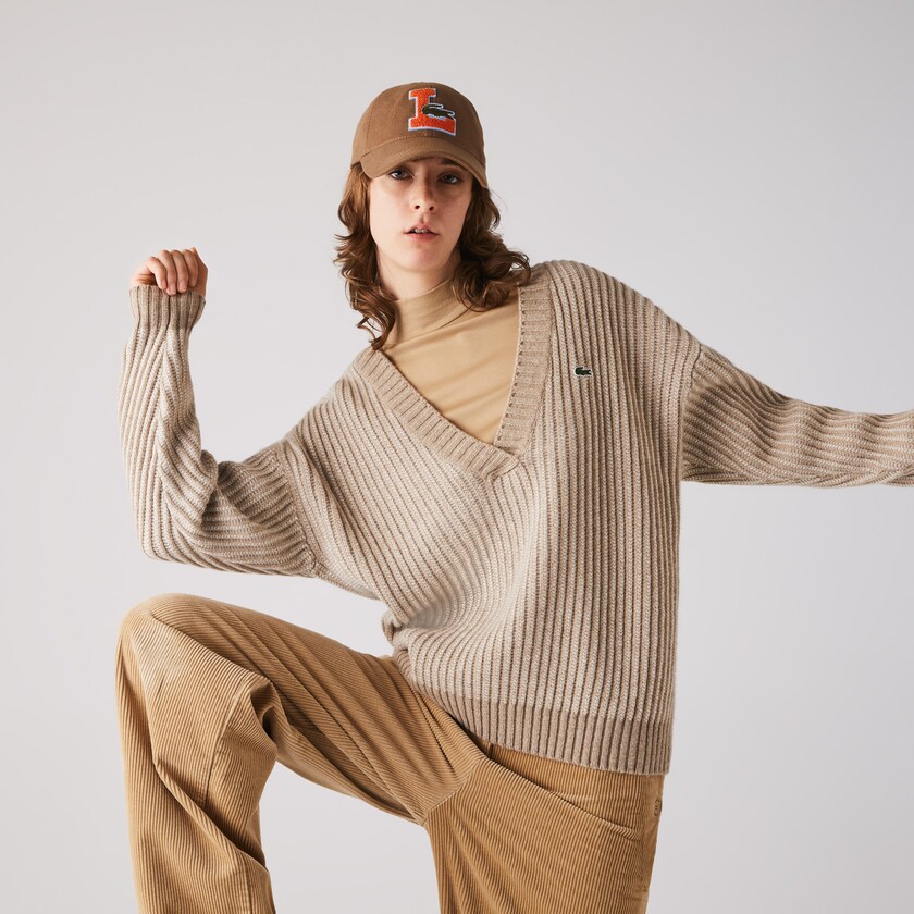 Suéteres Lacoste Feminino Bege Two-Tone Low V-Neck Ribbed Wool BZ6-29512S9