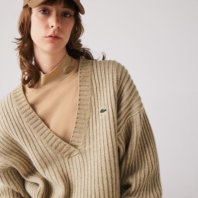 Suéteres Lacoste Feminino Bege Two-Tone Low V-Neck Ribbed Wool BZ6-29512S9