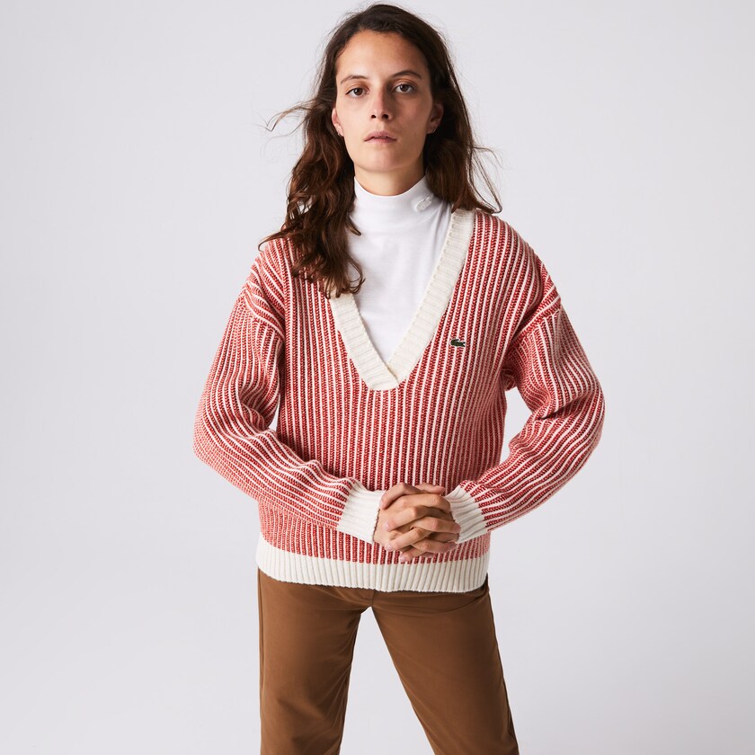 Suéteres Lacoste Feminino Vermelhas Bege Two-Tone Low V-Neck Ribbed Wool ZZ8-53715H6