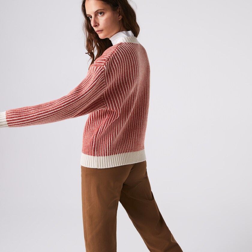 Suéteres Lacoste Feminino Vermelhas Bege Two-Tone Low V-Neck Ribbed Wool ZZ8-53715H6