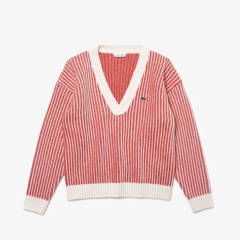 Suéteres Lacoste Feminino Vermelhas Bege Two-Tone Low V-Neck Ribbed Wool ZZ8-53715H6