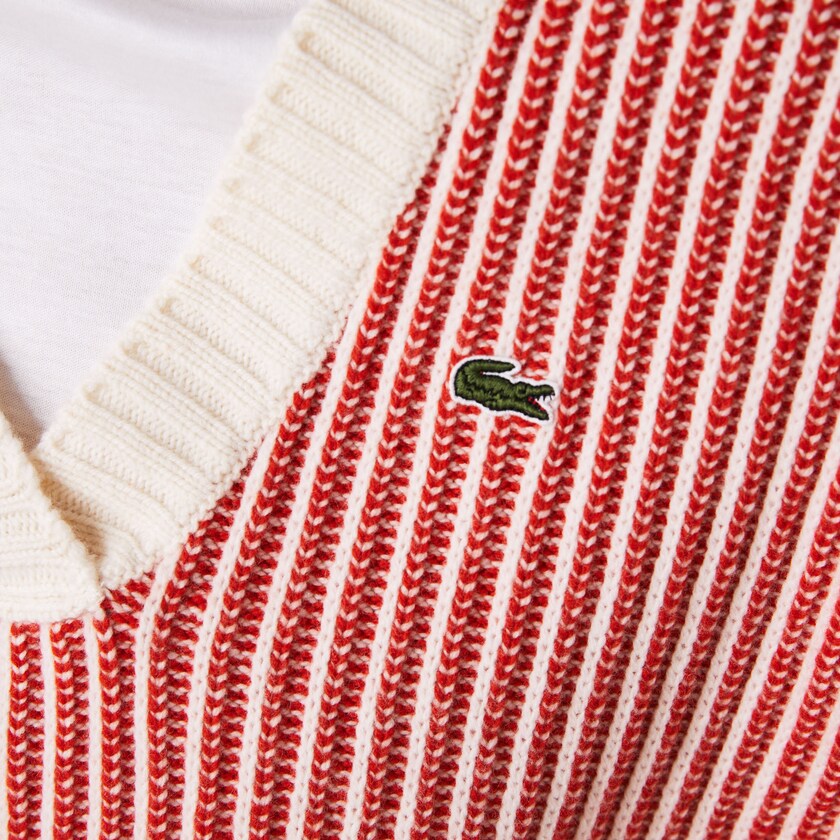 Suéteres Lacoste Feminino Vermelhas Bege Two-Tone Low V-Neck Ribbed Wool ZZ8-53715H6