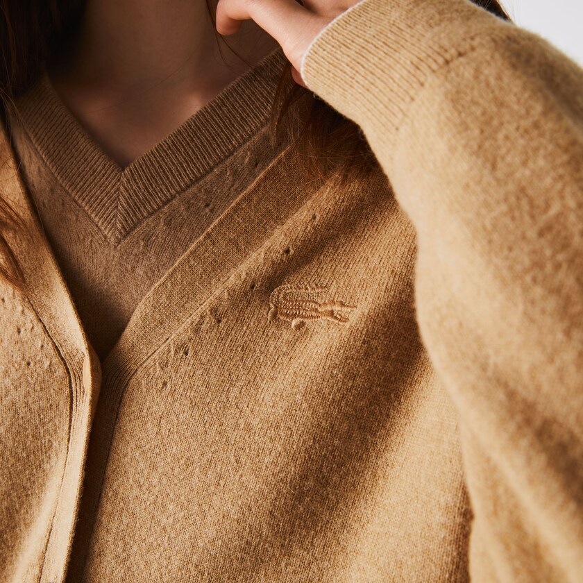 Suéteres Lacoste Feminino Bege V-Neck Buttoned Wool Cardigan BJ8-59975S3