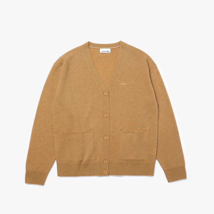 Suéteres Lacoste Feminino Bege V-Neck Buttoned Wool Cardigan BJ8-59975S3