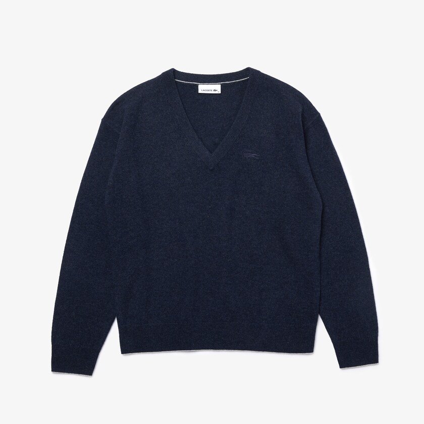 Suéteres Lacoste Feminino Azuis V-Neck Wool VO2-49254D2