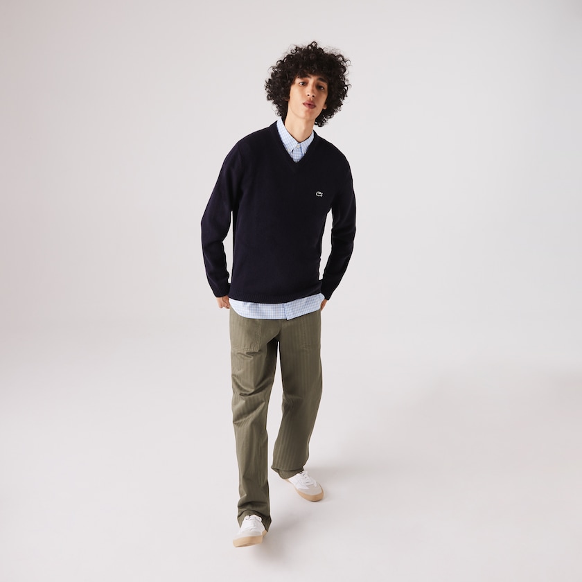 Suéteres Lacoste Masculino Azul Marinho Azuis V-Neck Wool FP5-36383P5
