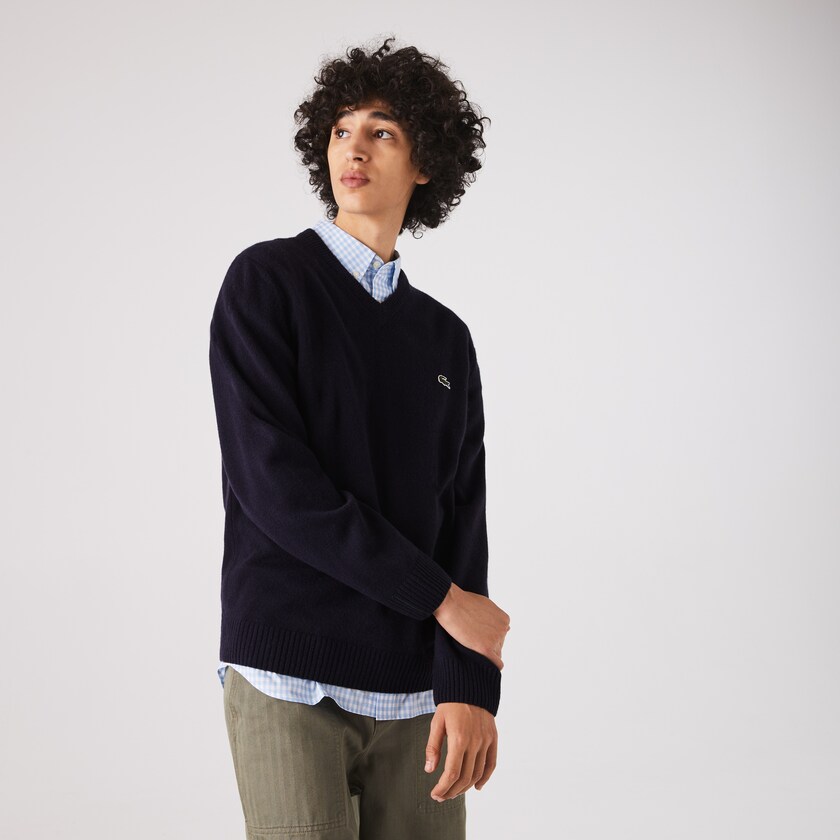 Suéteres Lacoste Masculino Azul Marinho Azuis V-Neck Wool FP5-36383P5