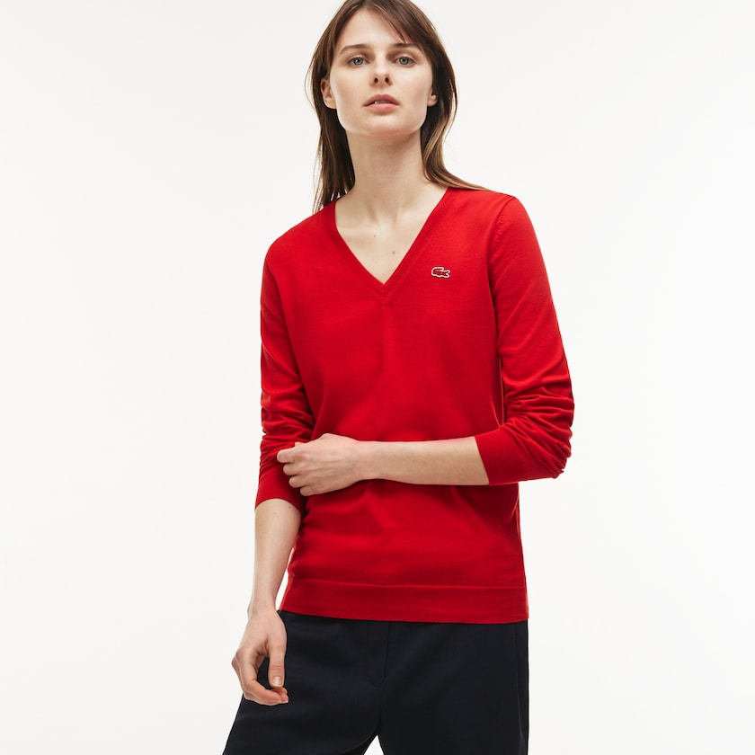 Suéteres Lacoste Feminino Vermelhas V-neck Jersey HL6-92349I6