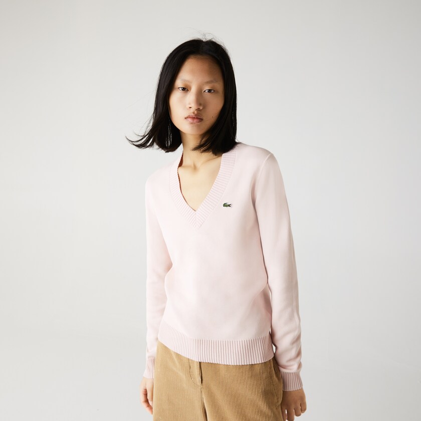 Suéteres Lacoste Feminino Luz Rosa Branco V-neck Organic Cotton BJ5-80478B9