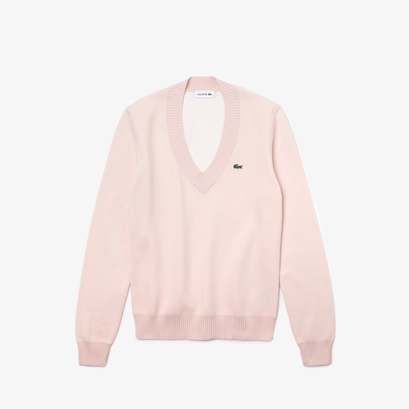 Suéteres Lacoste Feminino Luz Rosa Branco V-neck Organic Cotton BJ5-80478B9