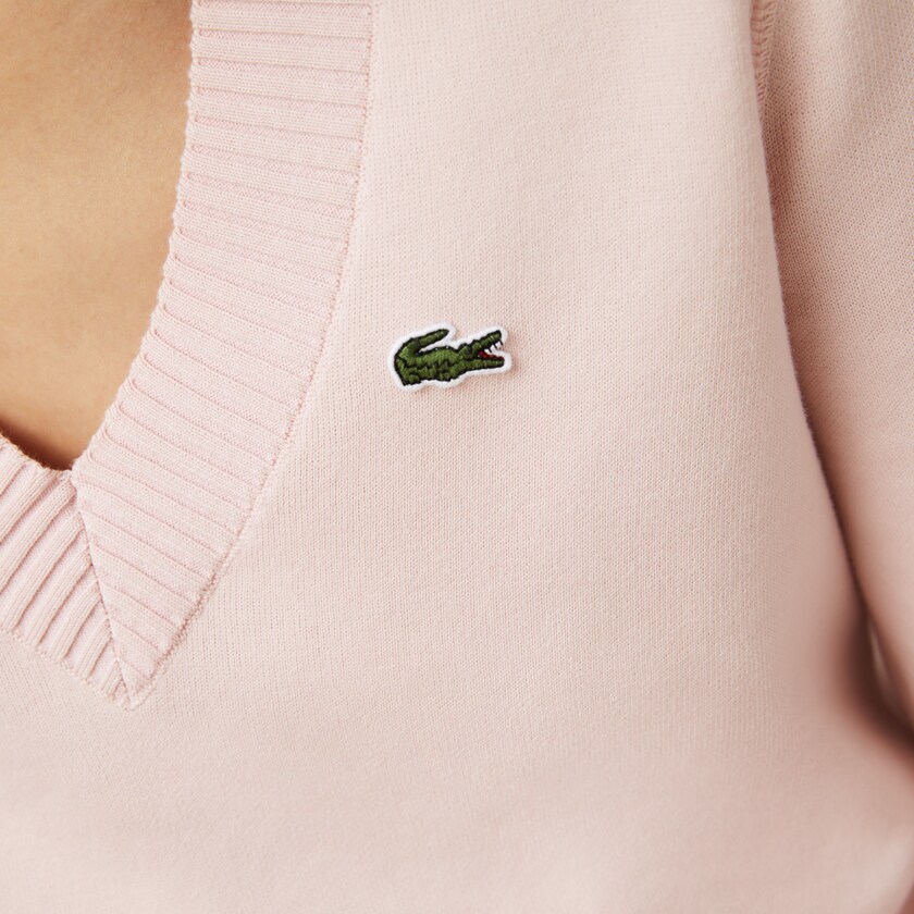 Suéteres Lacoste Feminino Luz Rosa Branco V-neck Organic Cotton BJ5-80478B9