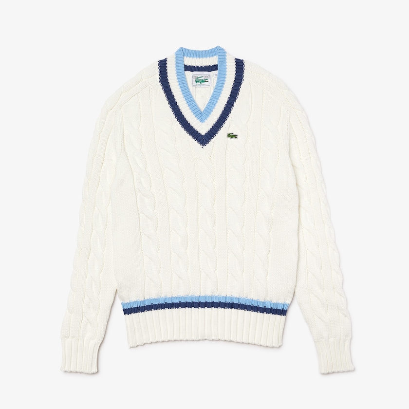 Suéteres Lacoste Masculino Branco Azuis V-neck Striped-Trim Cable-Knit XP9-71727O3