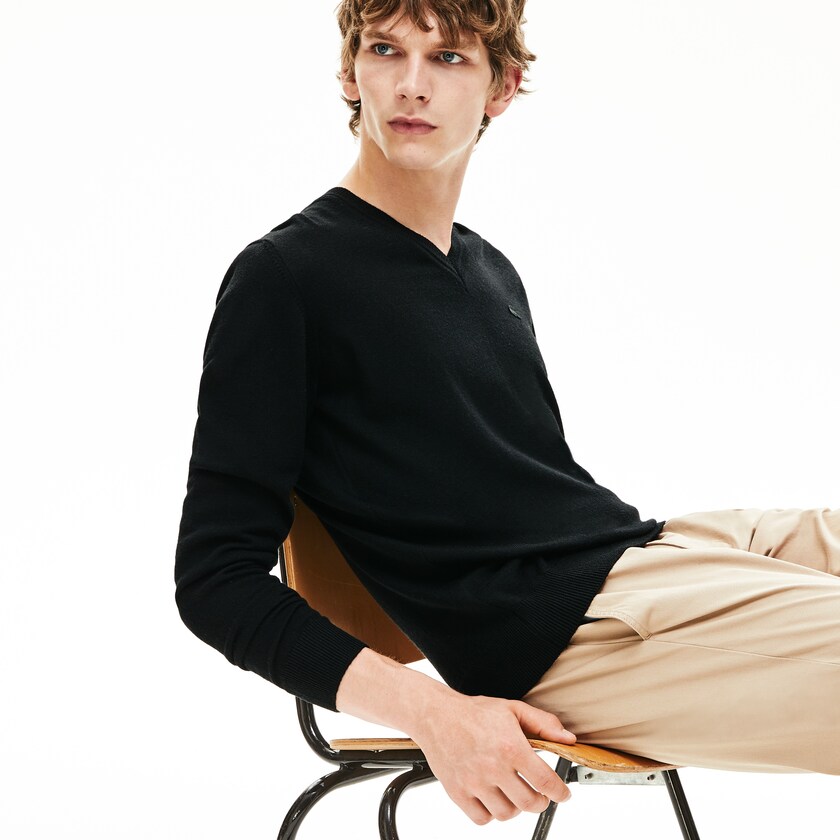 Suéteres Lacoste Masculino Pretas V-neck Wool Jersey EL5-04400E0