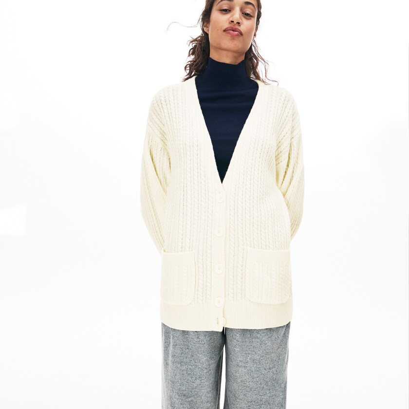 Suéteres Lacoste Feminino Branco Wool And Cashmere Blend Cable Knit Cardigan OL0-48314J0