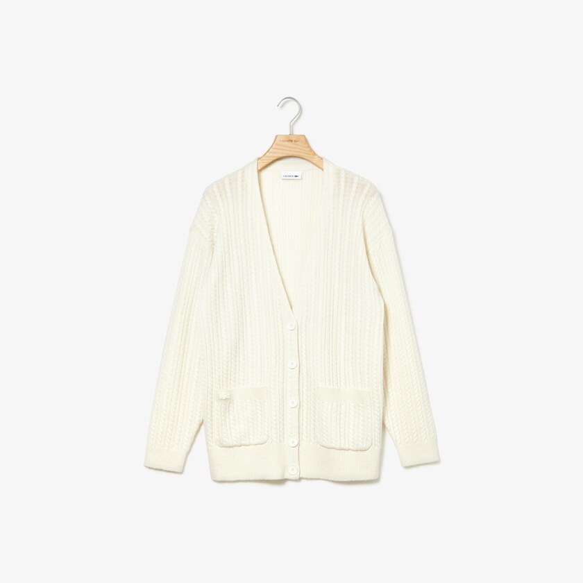 Suéteres Lacoste Feminino Branco Wool And Cashmere Blend Cable Knit Cardigan OL0-48314J0