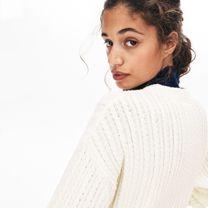 Suéteres Lacoste Feminino Branco Wool And Cashmere Blend Cable Knit Cardigan OL0-48314J0