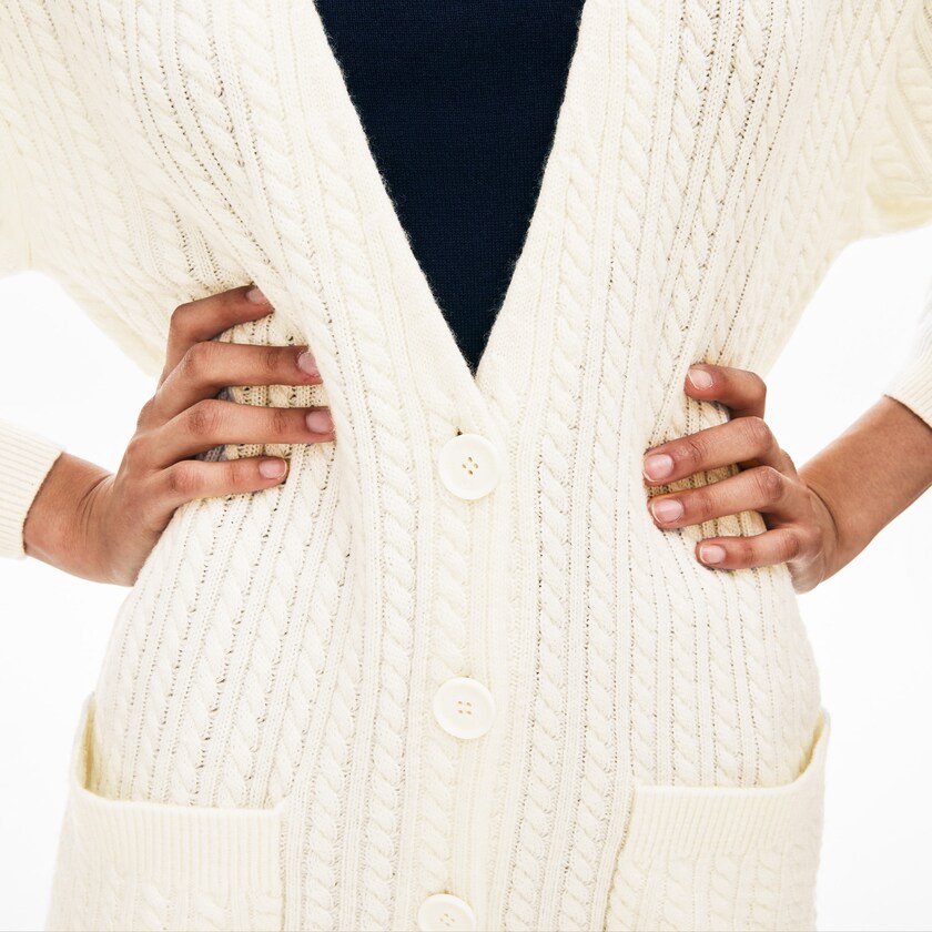 Suéteres Lacoste Feminino Branco Wool And Cashmere Blend Cable Knit Cardigan OL0-48314J0
