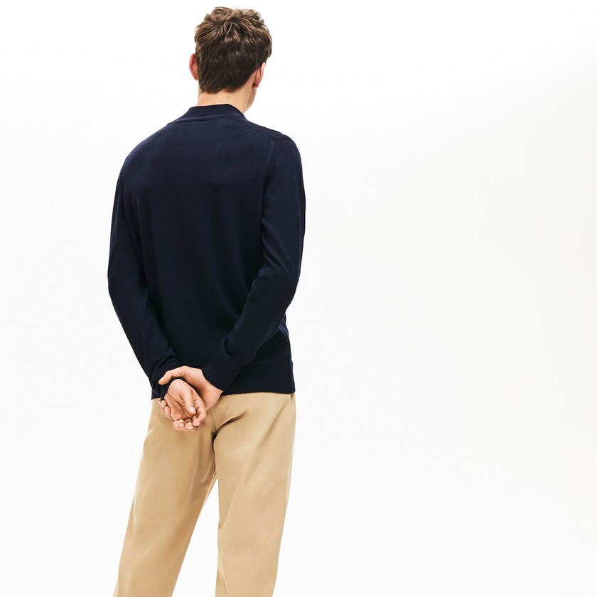 Suéteres Lacoste Masculino Azul Marinho Azuis Zippered Stand-Up Collar Wool Jersey EH5-09660I6