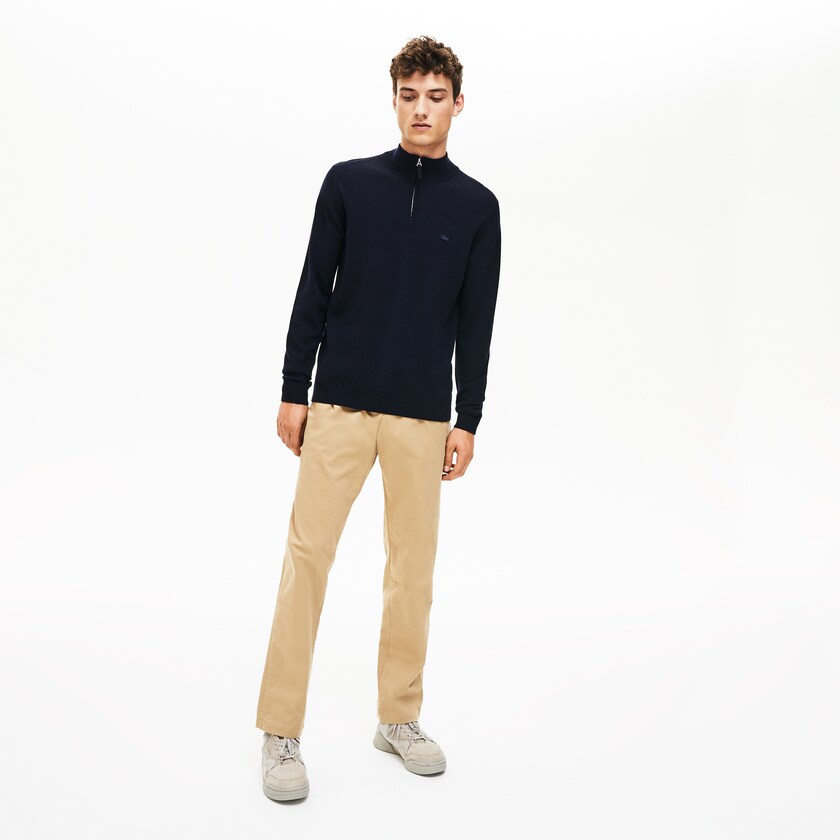 Suéteres Lacoste Masculino Azul Marinho Azuis Zippered Stand-Up Collar Wool Jersey EH5-09660I6