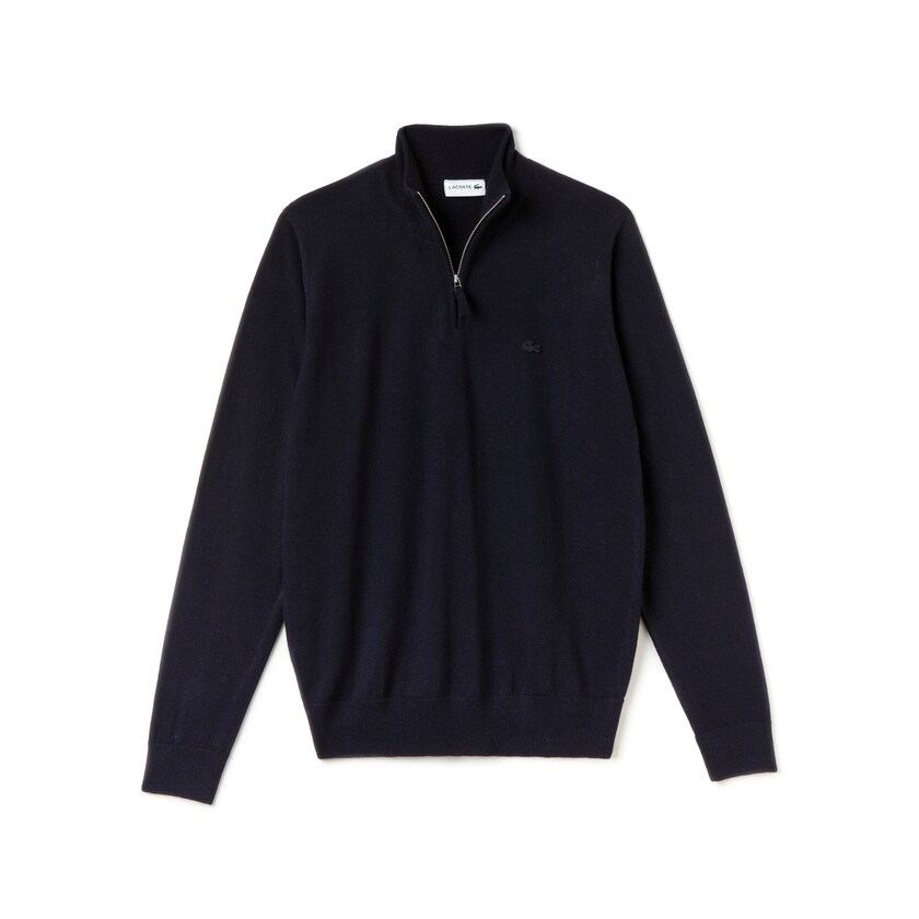 Suéteres Lacoste Masculino Azul Marinho Azuis Zippered Stand-Up Collar Wool Jersey EH5-09660I6