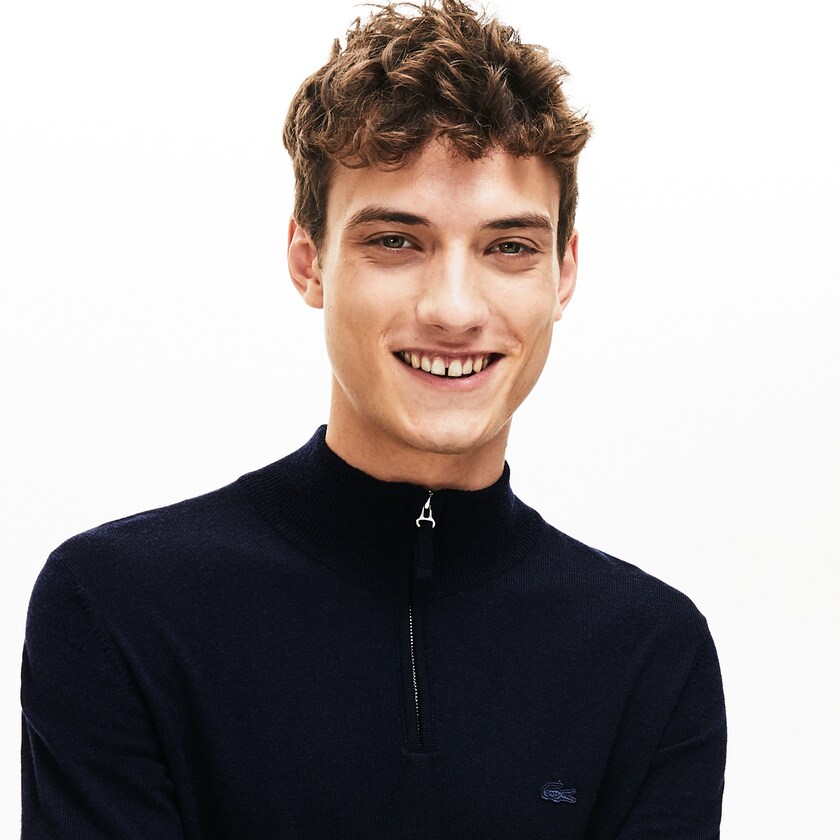 Suéteres Lacoste Masculino Azul Marinho Azuis Zippered Stand-Up Collar Wool Jersey EH5-09660I6