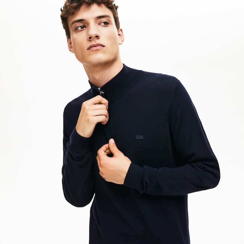Suéteres Lacoste Masculino Azul Marinho Azuis Zippered Stand-Up Collar Wool Jersey EH5-09660I6