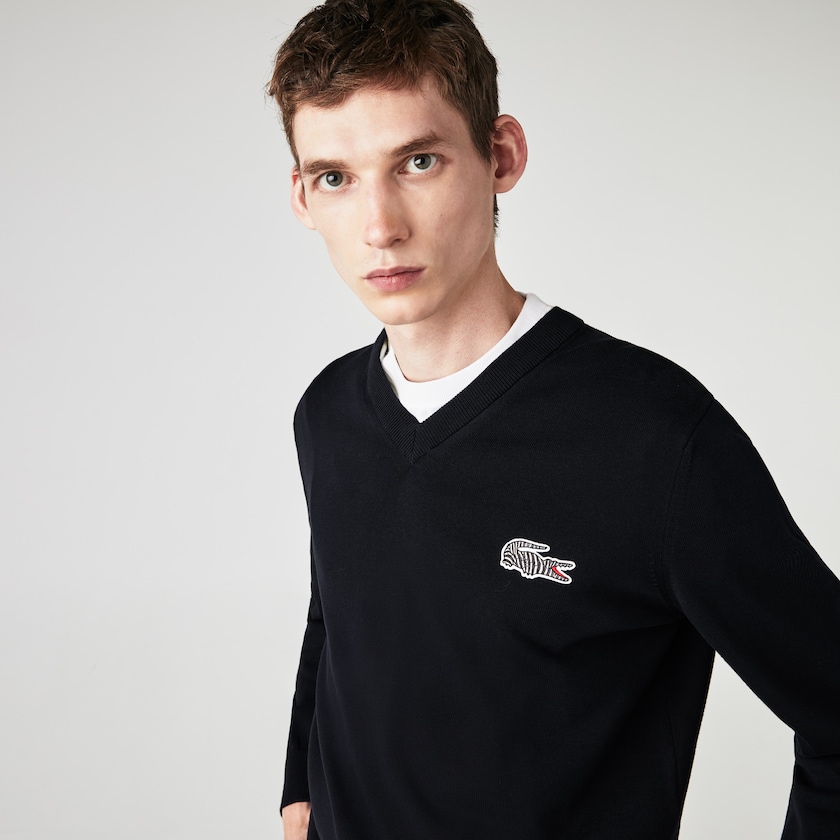 Suéteres Lacoste Masculino Azul Marinho Azuis Branco x National Geographic V-neck Cotton EJ4-38583C2