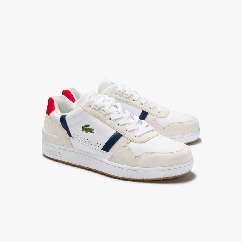 Tenis Lacoste Masculino Branco Azul Marinho Vermelhas T-Clip Tricolour Leather and Suede NY8-33193F3