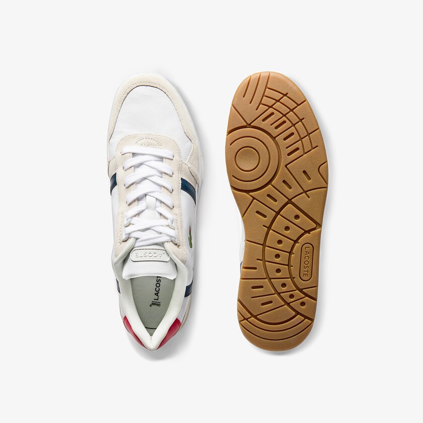 Tenis Lacoste Masculino Branco Azul Marinho Vermelhas T-Clip Tricolour Leather and Suede NY8-33193F3