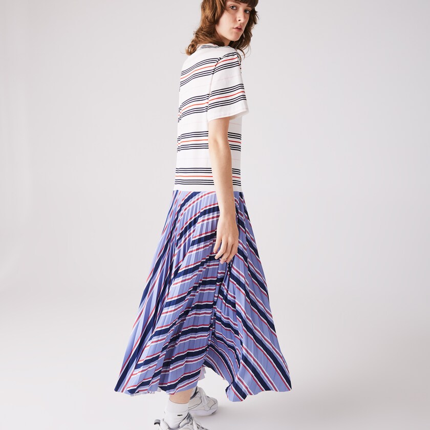 Vestido Lacoste Feminino Roxo Azul Marinho Azuis Branco Vermelhas Luz Rosa Dissimilar Striped Pleated Jersey T-shirt SJ4-40204N6