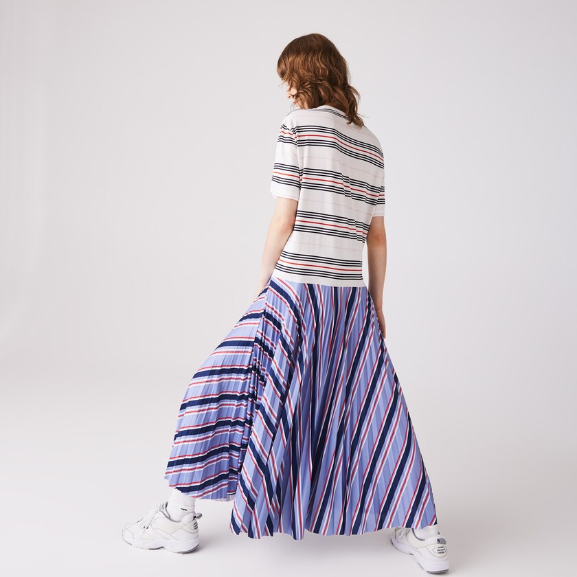 Vestido Lacoste Feminino Roxo Azul Marinho Azuis Branco Vermelhas Luz Rosa Dissimilar Striped Pleated Jersey T-shirt SJ4-40204N6