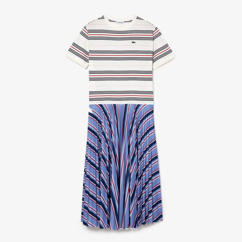 Vestido Lacoste Feminino Roxo Azul Marinho Azuis Branco Vermelhas Luz Rosa Dissimilar Striped Pleated Jersey T-shirt SJ4-40204N6