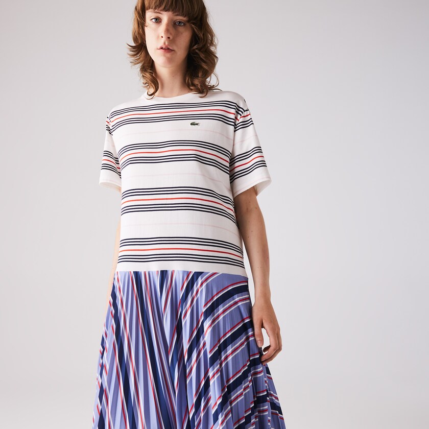 Vestido Lacoste Feminino Roxo Azul Marinho Azuis Branco Vermelhas Luz Rosa Dissimilar Striped Pleated Jersey T-shirt SJ4-40204N6