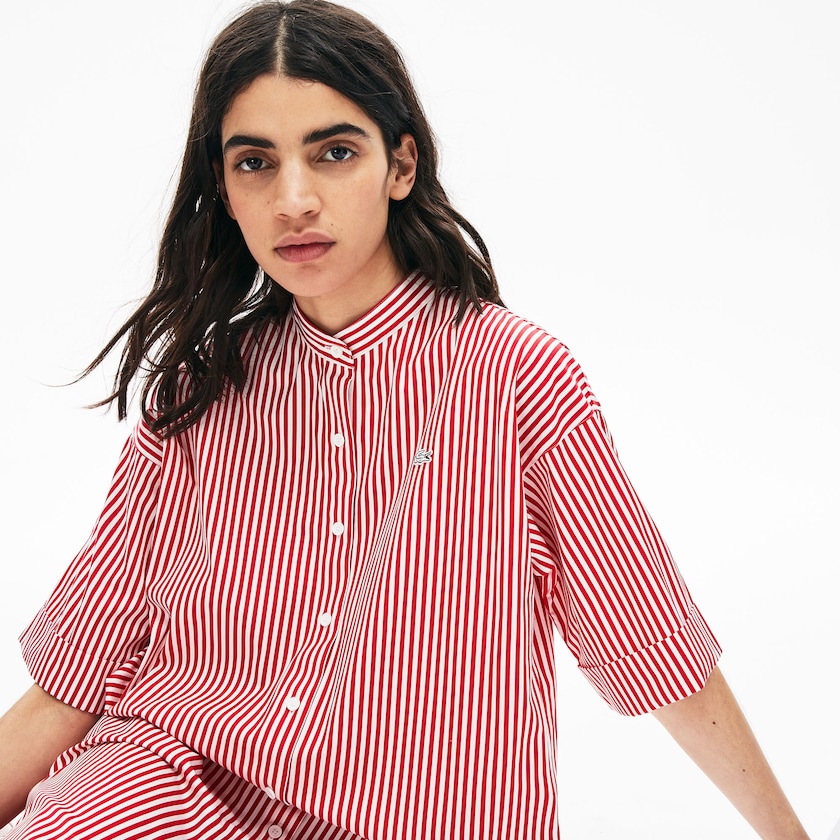Vestido Lacoste Feminino Branco Vermelhas LIVE Striped Cotton Maxi DO7-65746F7