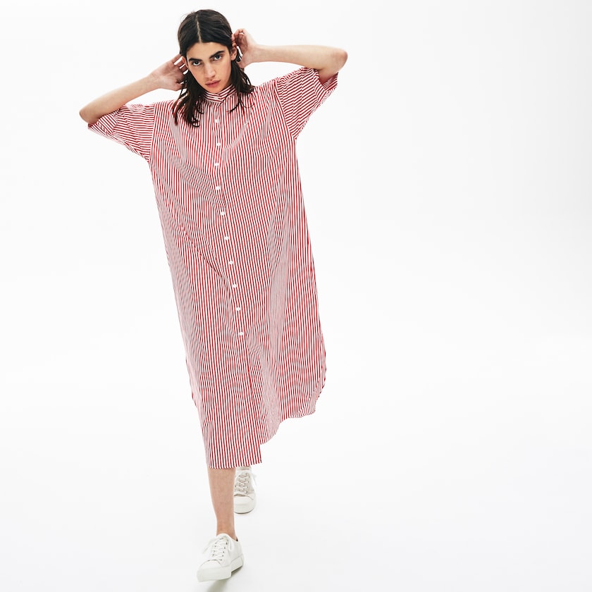 Vestido Lacoste Feminino Branco Vermelhas LIVE Striped Cotton Maxi DO7-65746F7