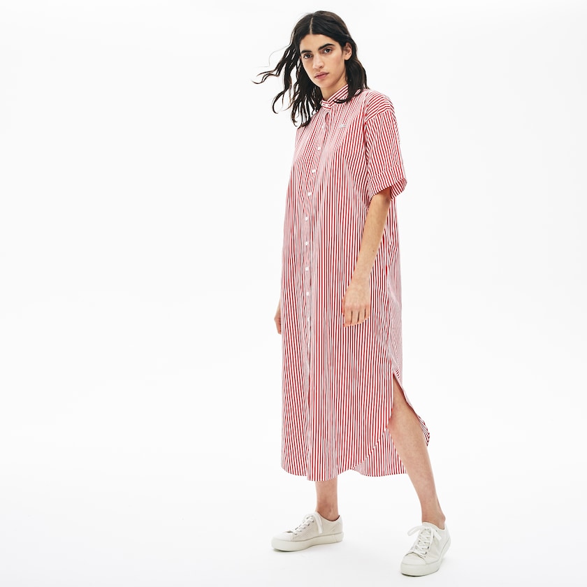 Vestido Lacoste Feminino Branco Vermelhas LIVE Striped Cotton Maxi DO7-65746F7