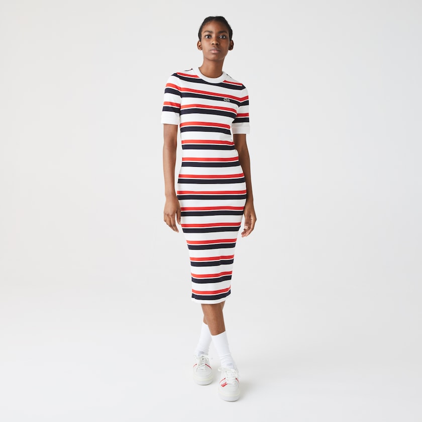 Vestido Lacoste Feminino Branco Azul Marinho Azuis Vermelhas LIVE Striped Cotton Ribbed T-Shirt DI7-53355F7