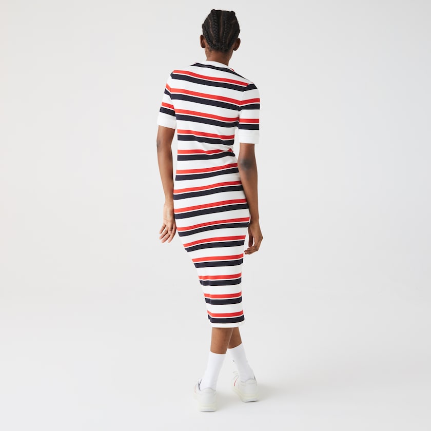 Vestido Lacoste Feminino Branco Azul Marinho Azuis Vermelhas LIVE Striped Cotton Ribbed T-Shirt DI7-53355F7