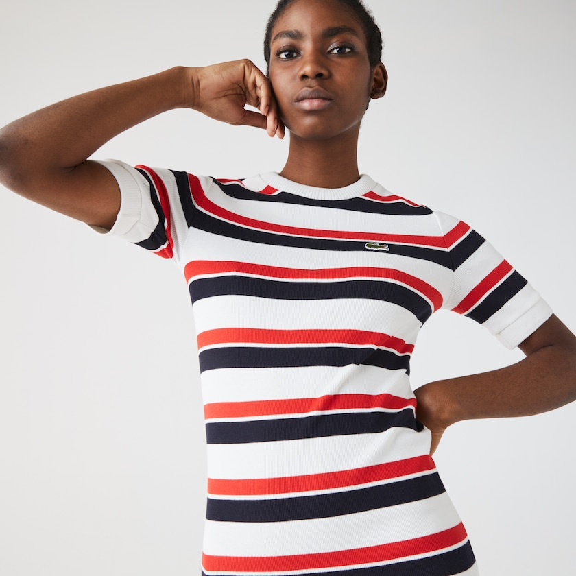 Vestido Lacoste Feminino Branco Azul Marinho Azuis Vermelhas LIVE Striped Cotton Ribbed T-Shirt DI7-53355F7