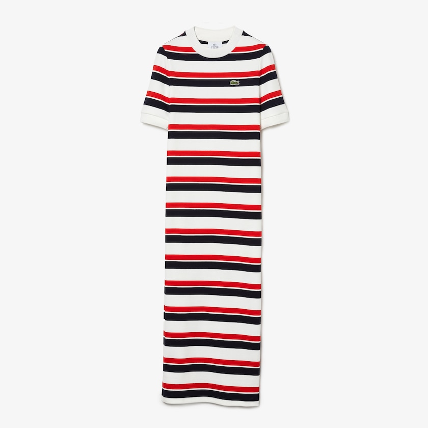 Vestido Lacoste Feminino Branco Azul Marinho Azuis Vermelhas LIVE Striped Cotton Ribbed T-Shirt DI7-53355F7