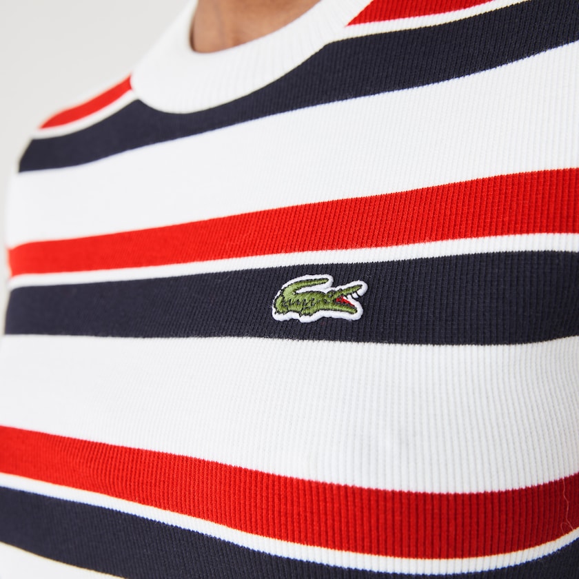 Vestido Lacoste Feminino Branco Azul Marinho Azuis Vermelhas LIVE Striped Cotton Ribbed T-Shirt DI7-53355F7