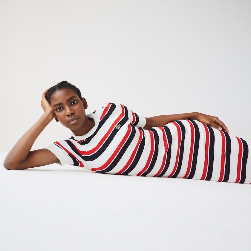 Vestido Lacoste Feminino Branco Azul Marinho Azuis Vermelhas LIVE Striped Cotton Ribbed T-Shirt DI7-53355F7