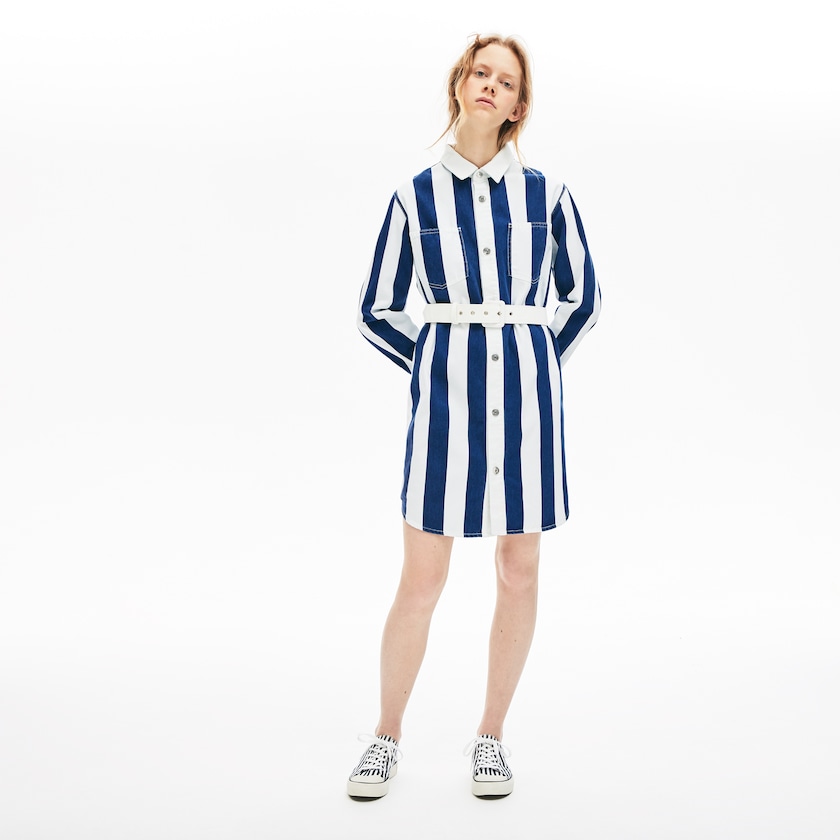 Vestido Lacoste Feminino Branco Azul Marinho Azuis LIVE Striped Cotton Shirtdress GV6-07590U9