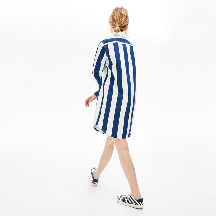 Vestido Lacoste Feminino Branco Azul Marinho Azuis LIVE Striped Cotton Shirtdress GV6-07590U9