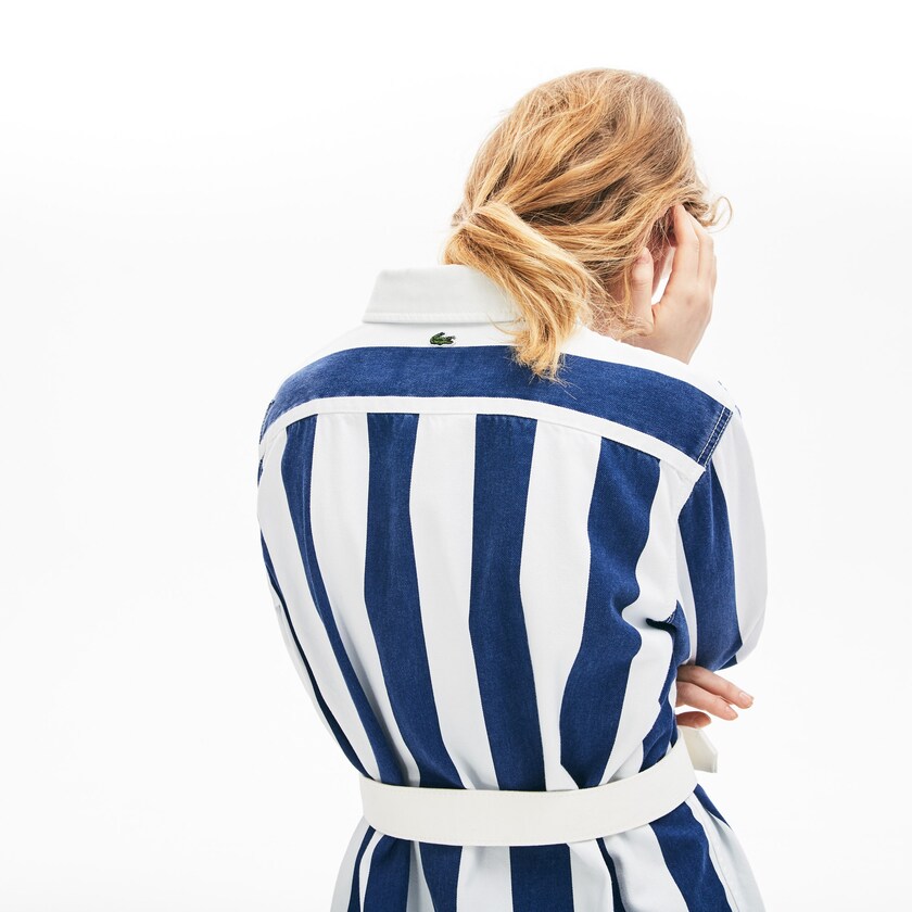 Vestido Lacoste Feminino Branco Azul Marinho Azuis LIVE Striped Cotton Shirtdress GV6-07590U9