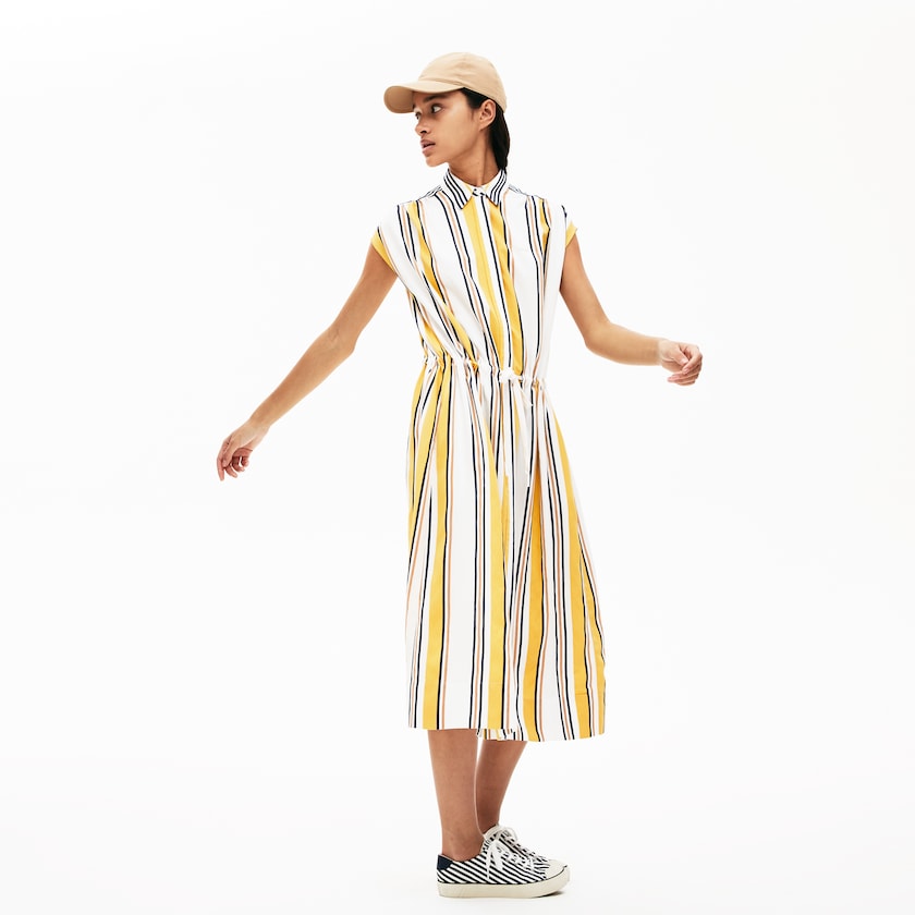 Vestido Lacoste Feminino Branco Azul Marinho Azuis Amarelas Luz Marrom Long Striped Shirtdress EV5-70797L0