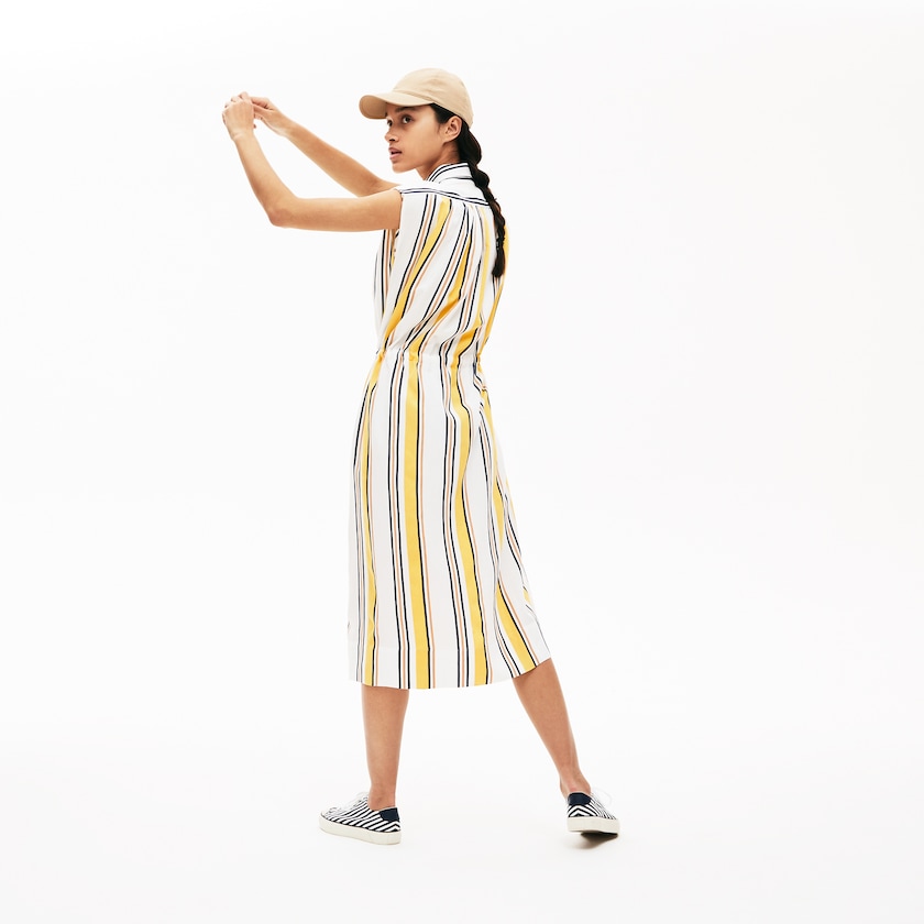 Vestido Lacoste Feminino Branco Azul Marinho Azuis Amarelas Luz Marrom Long Striped Shirtdress EV5-70797L0