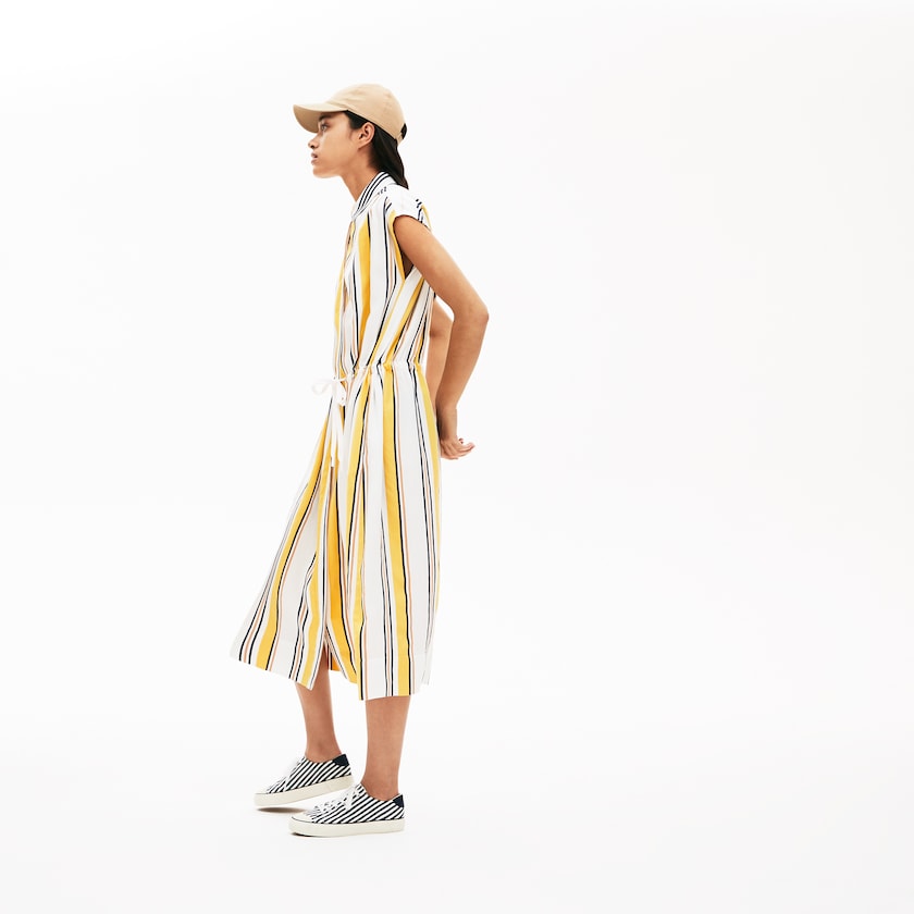Vestido Lacoste Feminino Branco Azul Marinho Azuis Amarelas Luz Marrom Long Striped Shirtdress EV5-70797L0