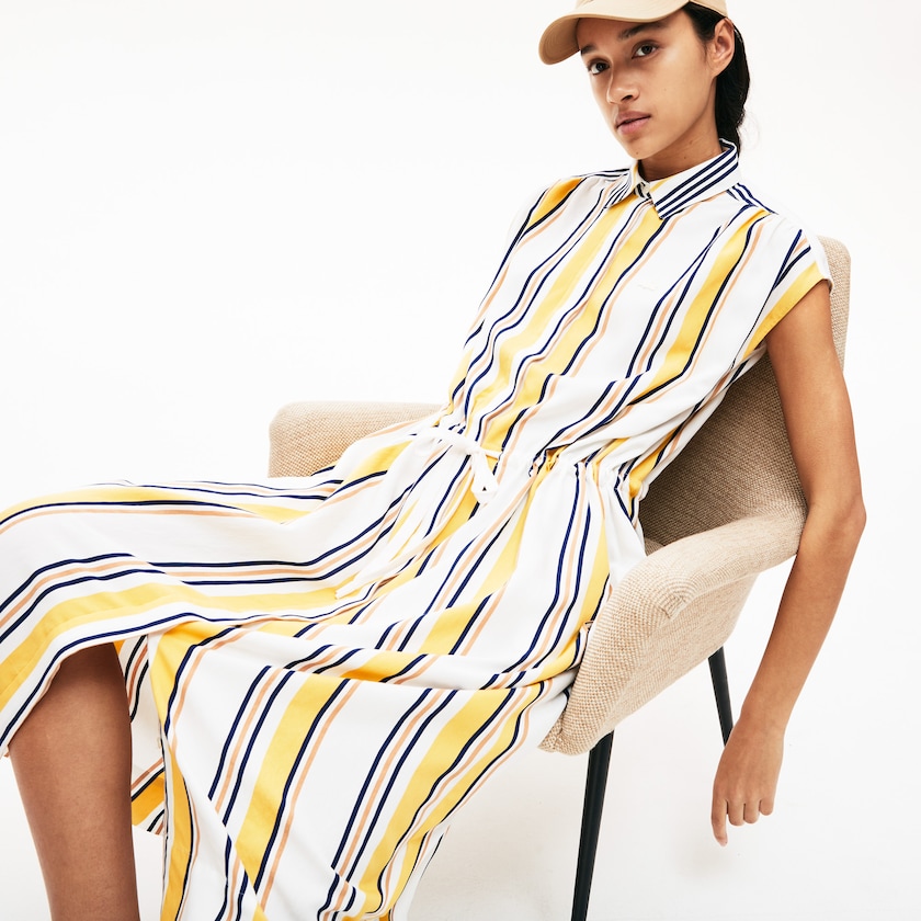 Vestido Lacoste Feminino Branco Azul Marinho Azuis Amarelas Luz Marrom Long Striped Shirtdress EV5-70797L0